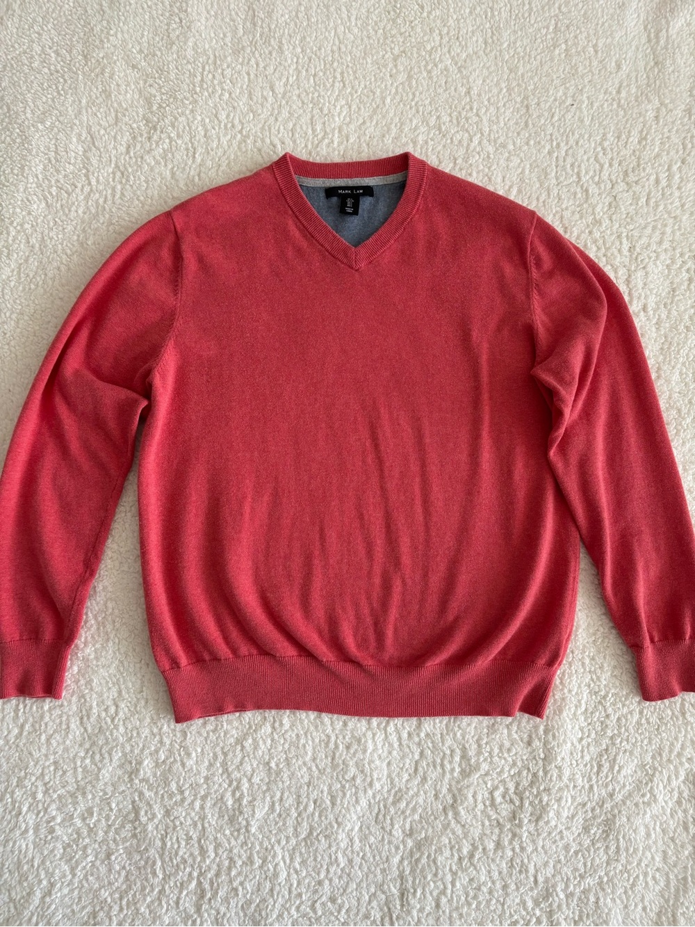 Mark Law Men’s Large Coral Pink V-Neck 100% Cotton Pullover Knit Sweater Casual